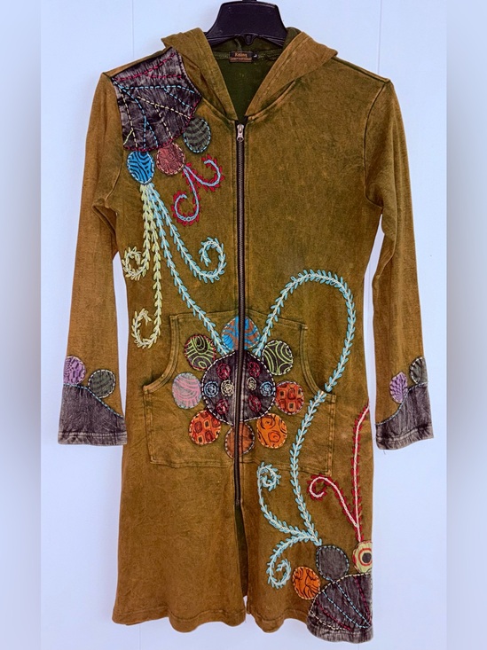 Rising International Jackets & Blazers - Rising International Women’s L Brown Mineral Wash Embroidered Boho Hooded Jacket